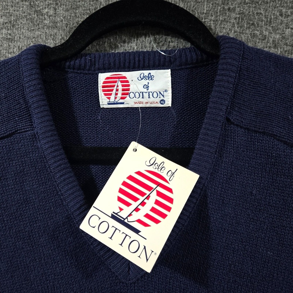 VINTAGE‎ Isle Of Cotton Mens Sweater Pullover Cotton Navy Blue V Neck USA XL NWT - Picture 2 of 7